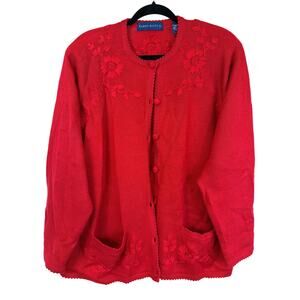 Vintage Karen Scott Red Floral Embroidered Cardigan Sweater Size 2X